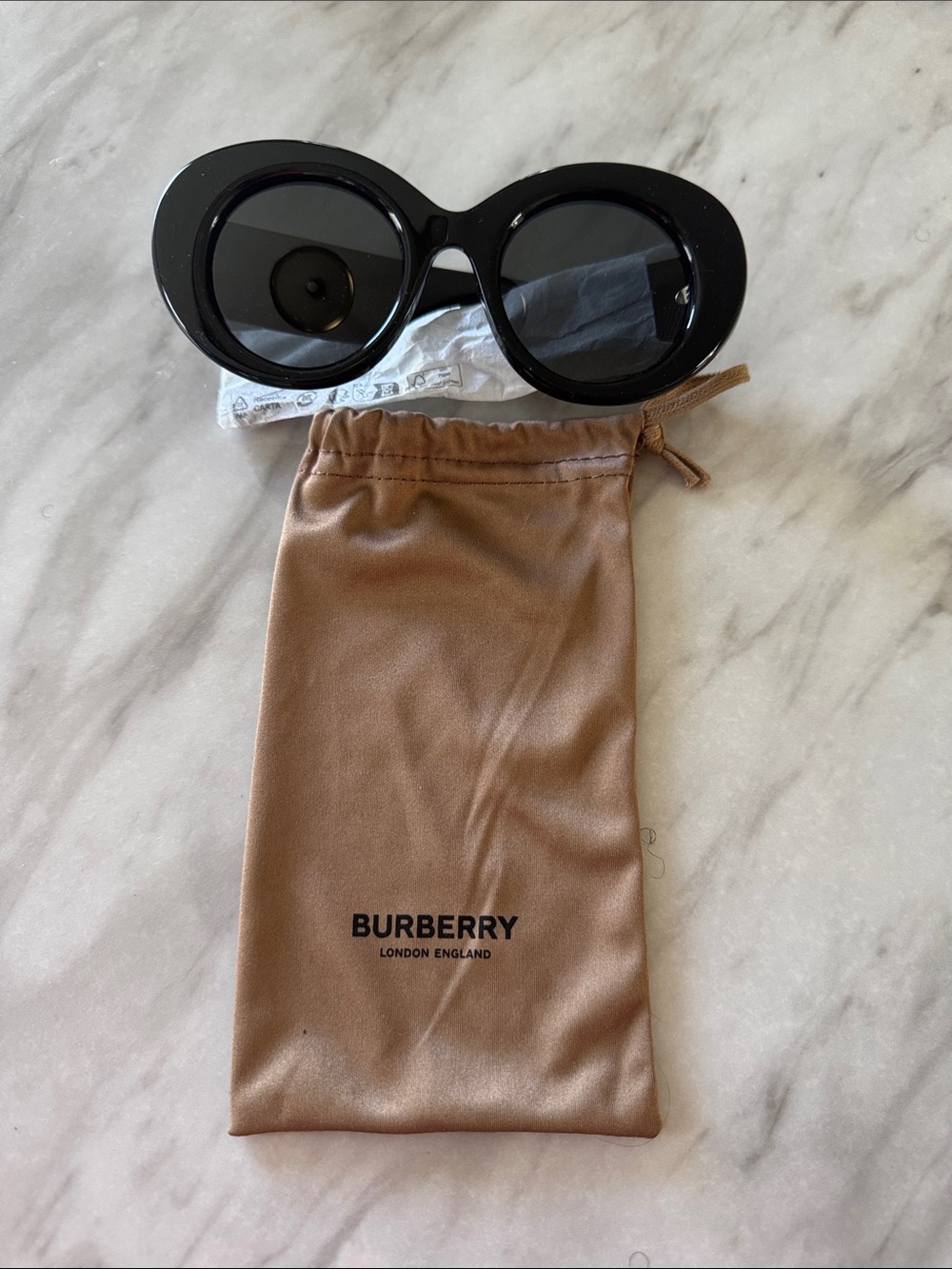 Burberry Black Oval Sunglasses with Tan Logo Pouch